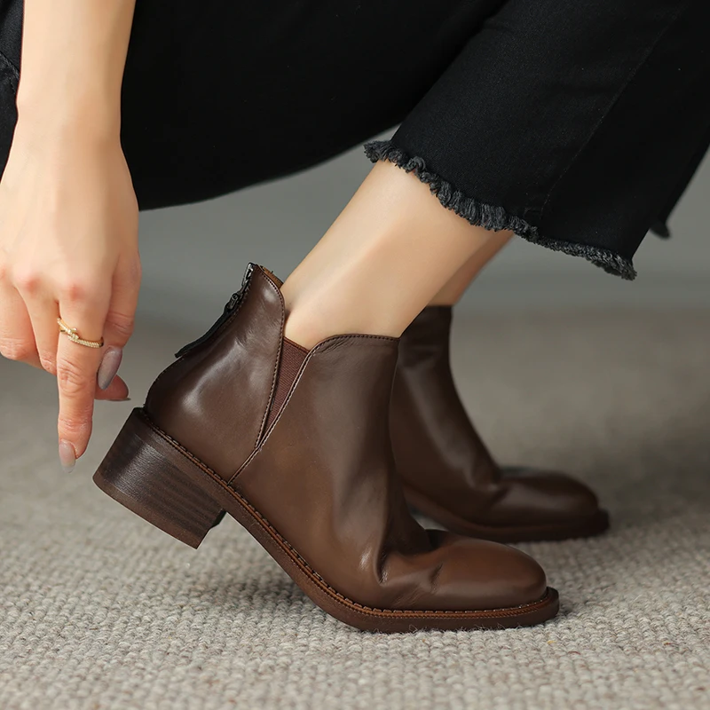 2024 New Autumn Women Boots Round Toe Chunky Heel Leather Boots Genuine Leather Women Shoes Ankle Boots Genuine Leather  Ladies