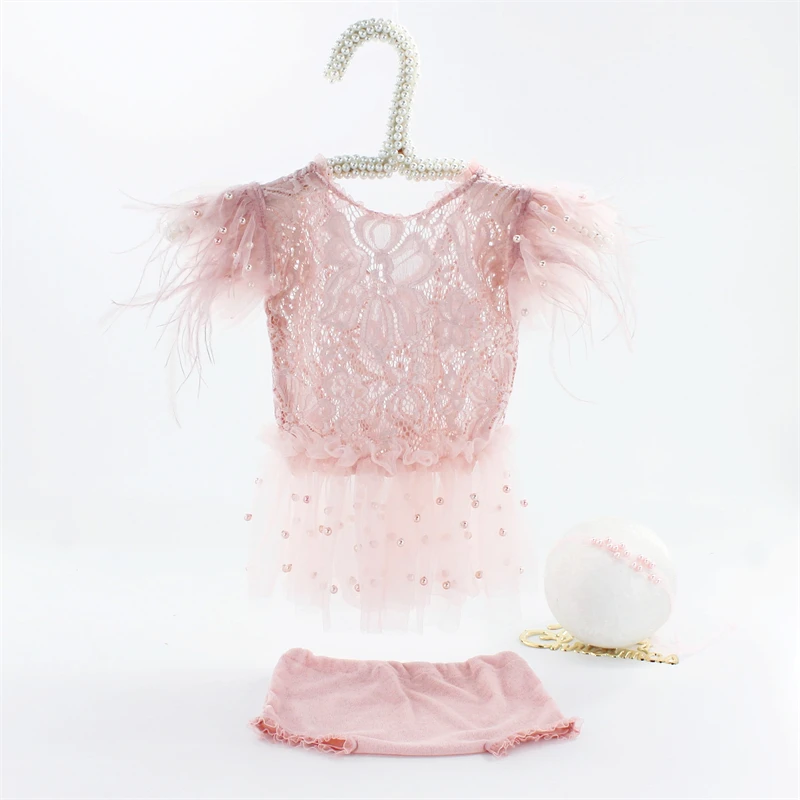 Fairy Newborn Photography Clothing Outfits Flamingo Feathers Infant Lace Dress Panties Pearls Headband 3pcs Sets Photo Costumes