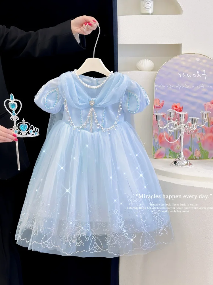 

2025Girls' Summer High-End Snowflake Embroidery Blue Pink Birthday Dress Princess Dress