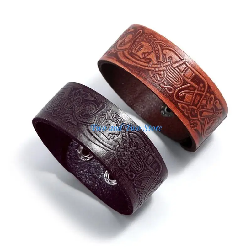 

HX6F Retro Embossed Pattern Leather Bracelet Punk Men Cuff Bracelets Adjustable Wide Wristband Jewelry Gift for Brother
