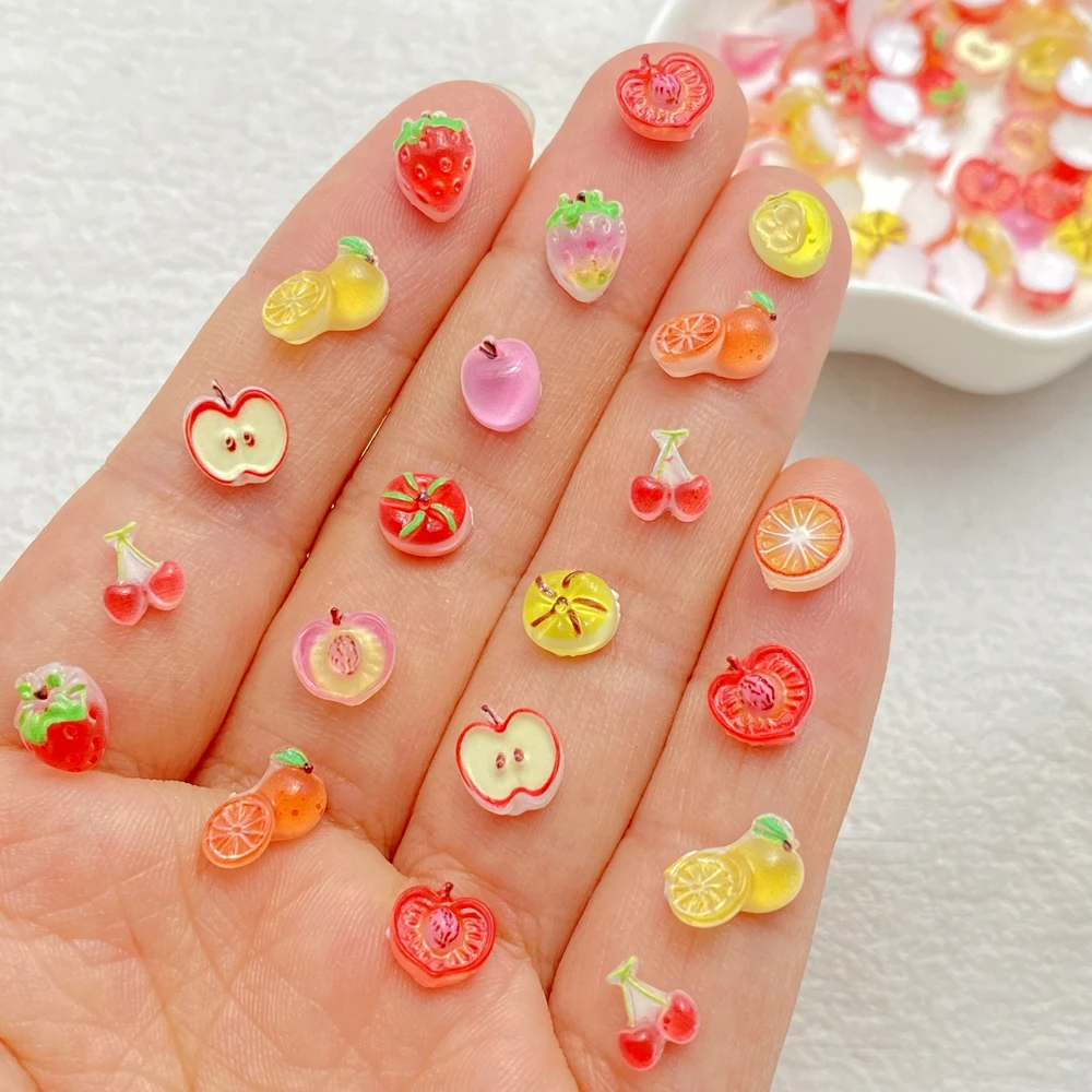 50pcs Resin Colorful Shining Apples, Cherries, Strawberries Fruit Nail Art Flat back Rhinestone Scrapbook DIY Jewelry Crafts