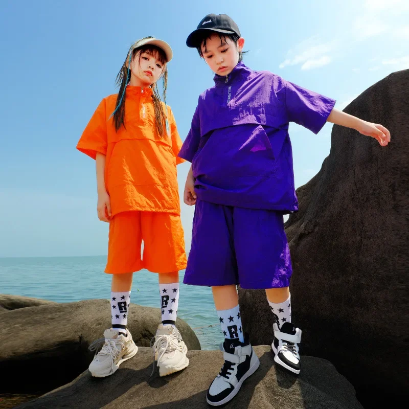 Kid Hip Hop Clothing Purple Orange Wrinkled Short Sleeve T Shirt Top Casual Shorts for Girl Boy Jazz Dance Costume Clothes Set