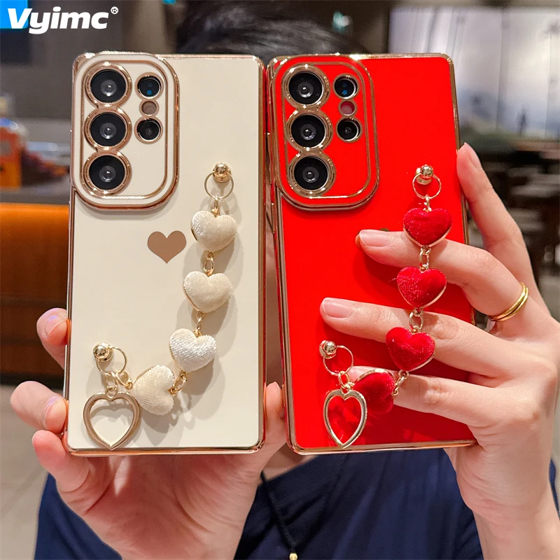

Plating Love Heart Bracelet Case For Samsung Galaxy S25 S24 S23 S22 S21 Ultra Plus FE A16 A55 A15 A35 A14 A52 A53 A54 5G Cover
