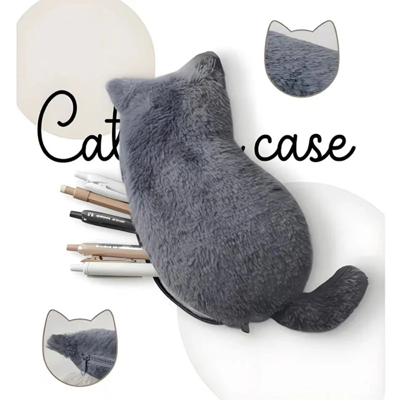 Kawaii Plush Cat Shaped Pen Bag With Soft Touch Cute Lightweight Large Capacity Stationery Storage Pen Bag Multi-purpose Storage