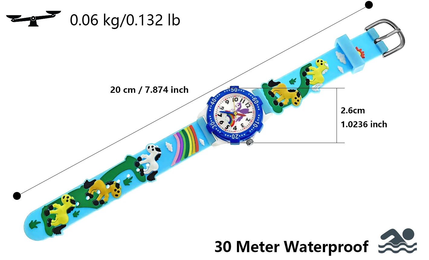 Mostrador de silicone arco-íris com mostrador rotativo para crianças, relógio de quartzo impermeável luminoso para meninos e meninas, novo