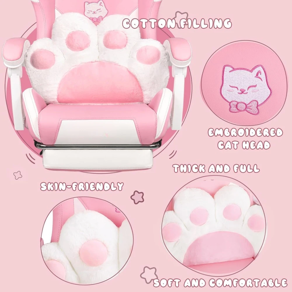 Ergonomic Gaming Chair with Cat Ears and Cat Paw Lumbar Cushion,Computer Chairs W/Footrest and Headrest,Reclining Gaming Chair