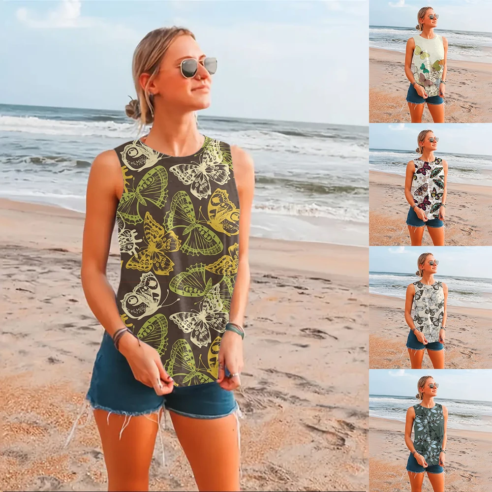 Elegant And Fashionable Colorful Butterfly Flower Print Round Neck Vest Summer Beach Casual Refreshing Sleeveless Vest