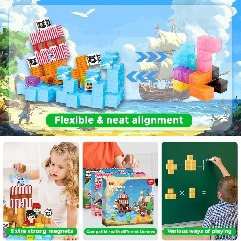 Blocs magnétiques Cubes de bateau Pirate 100 pièces, ensembles de blocs de construction Montessori, jouets sensoriels STEM, jeu de Puzzle pour garçons et filles, cadeau de noël