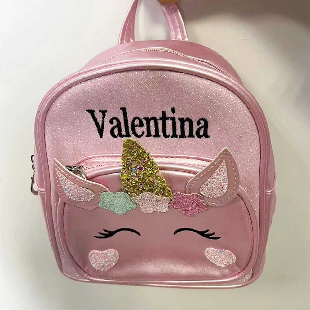 Mochila Unicórnio PU com Nome Personalizado para Meninas, Mochilas Pré-Escolar, Presente Bonito Dos Desenhos Animados, Sacos Bordados, Aniversário e Bebê