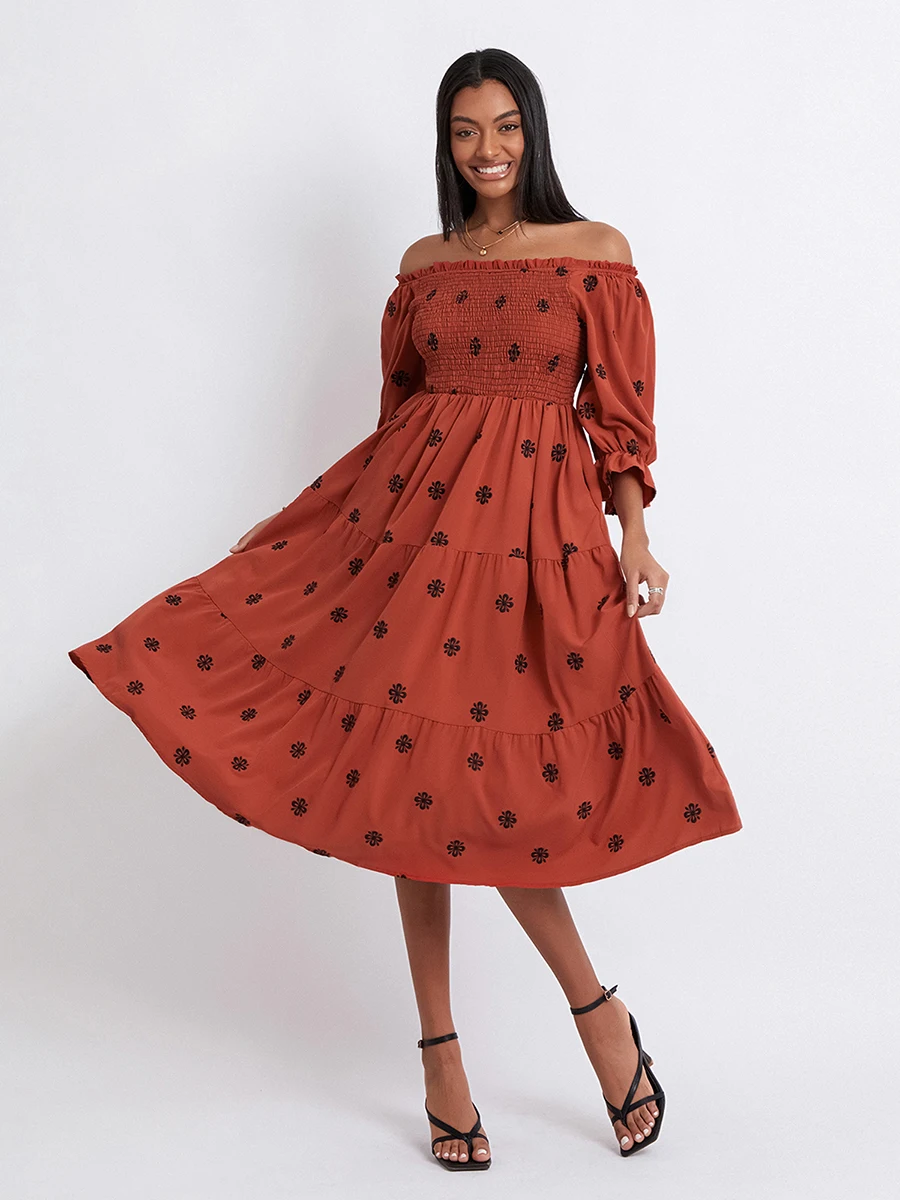 

New Fashion Womens Summer Off-Shoulder Dress Flower Print Long Sleeve Ruched Backless Slim Midi Dress Skin Friendly Hot Sale