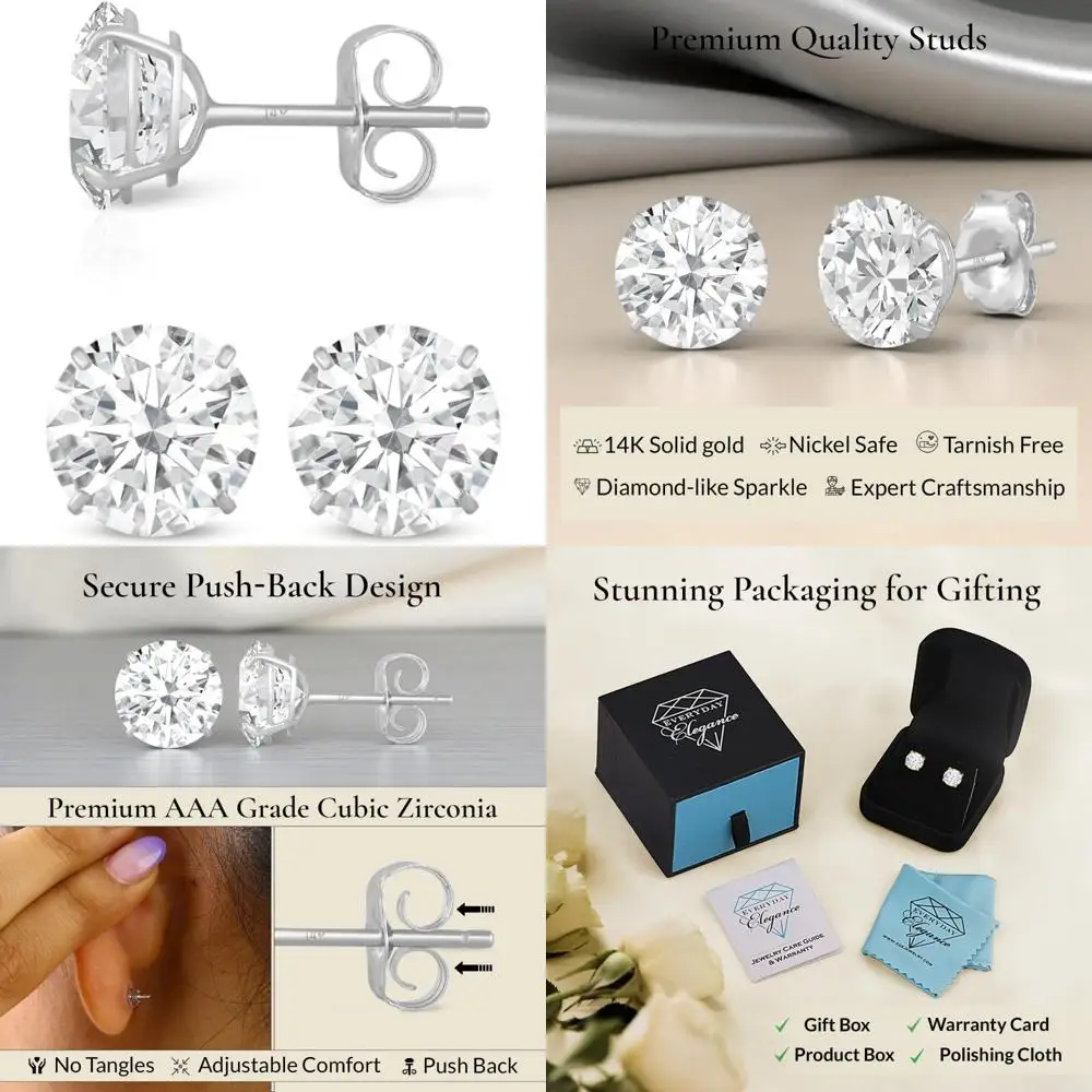 

14K Gold Round Cubic Zirconia Solitaire Stud Earrings for Women and Men with Gold Butterfly Backs, 4MM to 8MM Sizes