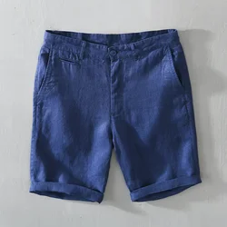 Pantalones cortos de lino de cintura media para hombre, Shorts sencillos informales de negocios con bolsillos rectos, Color sólido con cremallera, longitud hasta la rodilla para el trabajo, verano, L8216