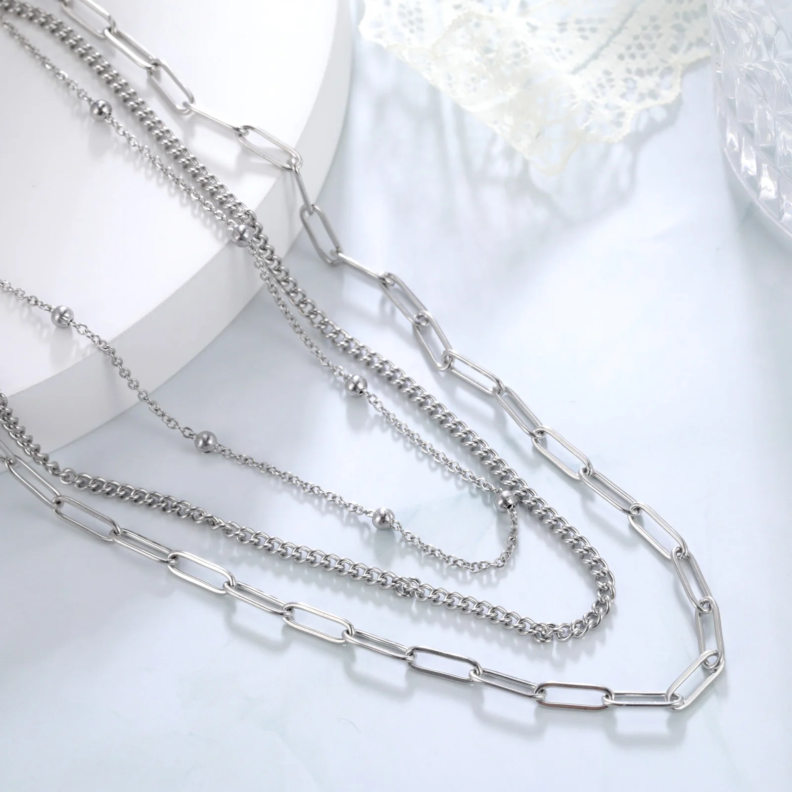 Edelstahl Geometrie Perle Anhänger Mehrschichtige Kette Choker Halskette Für Punk Frauen Hochzeit Schmuck Zubehör – Detail 6