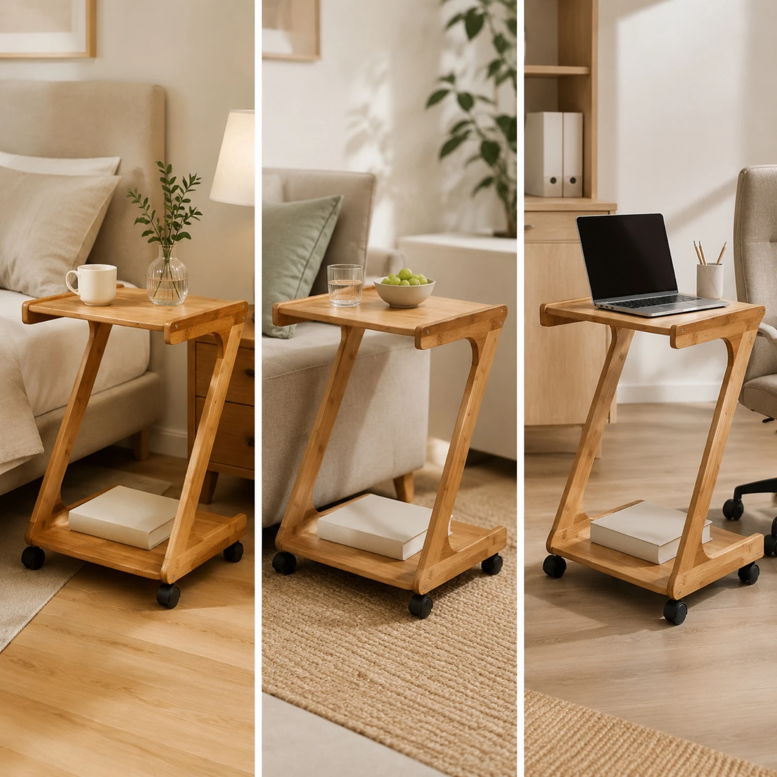 Solid Wood Side Table with Caster Wheels Portable Rolling Side Table Sturdy Floor-Friendly for Bedside, Small Apartment