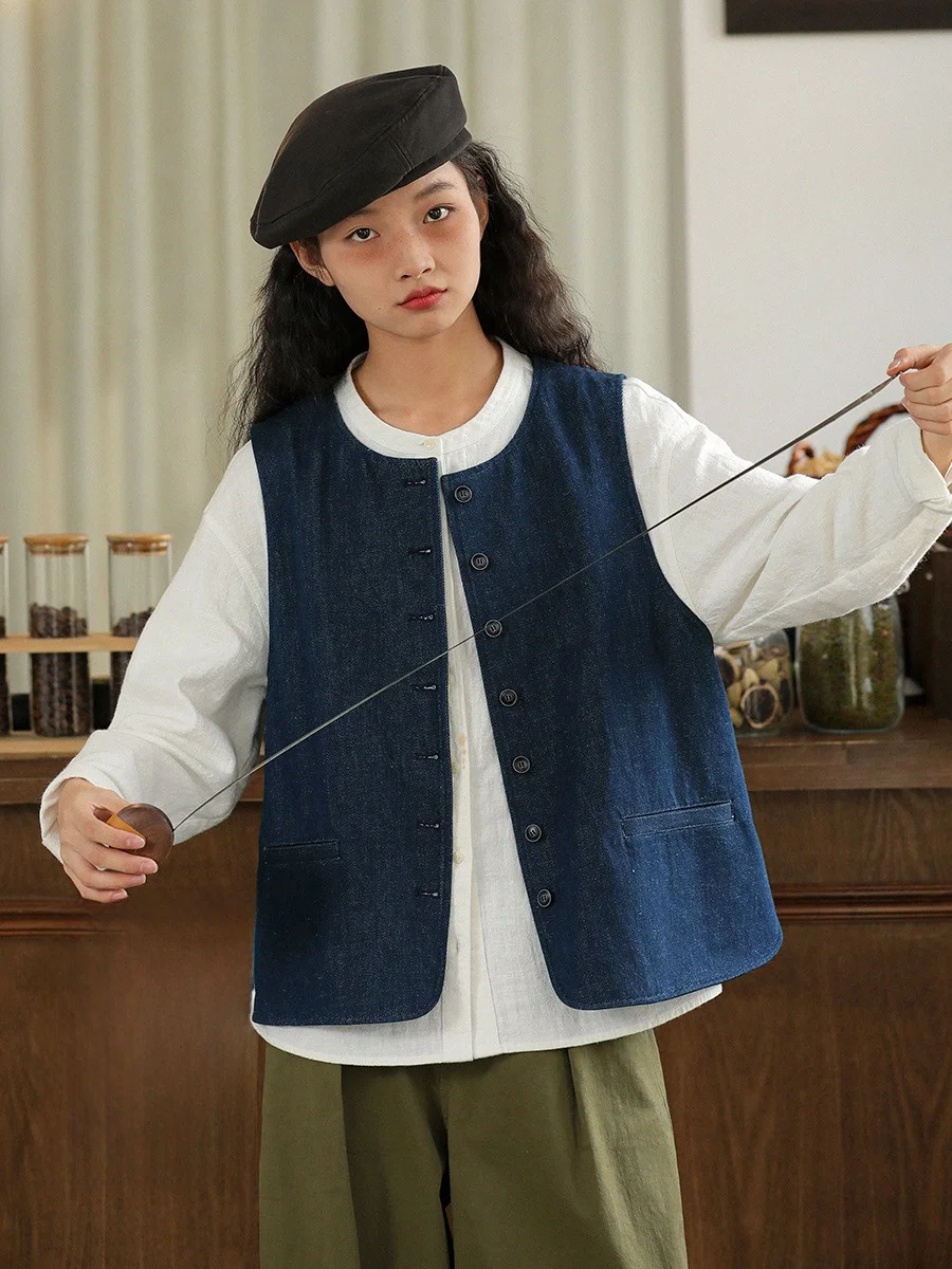 

Оригинальный хлопково-льняной джинсовый жилет, женский, новинка 2025, осенний, повседневный, круглый, без рукавов, топ, модный, универсальный