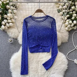Women Hotsweet Chic Rhinestone Mesh Sheer Long Sleeves Sexy Crop Top Slim Sexy Korean T-shirt Fashion Autumn Women Shirt