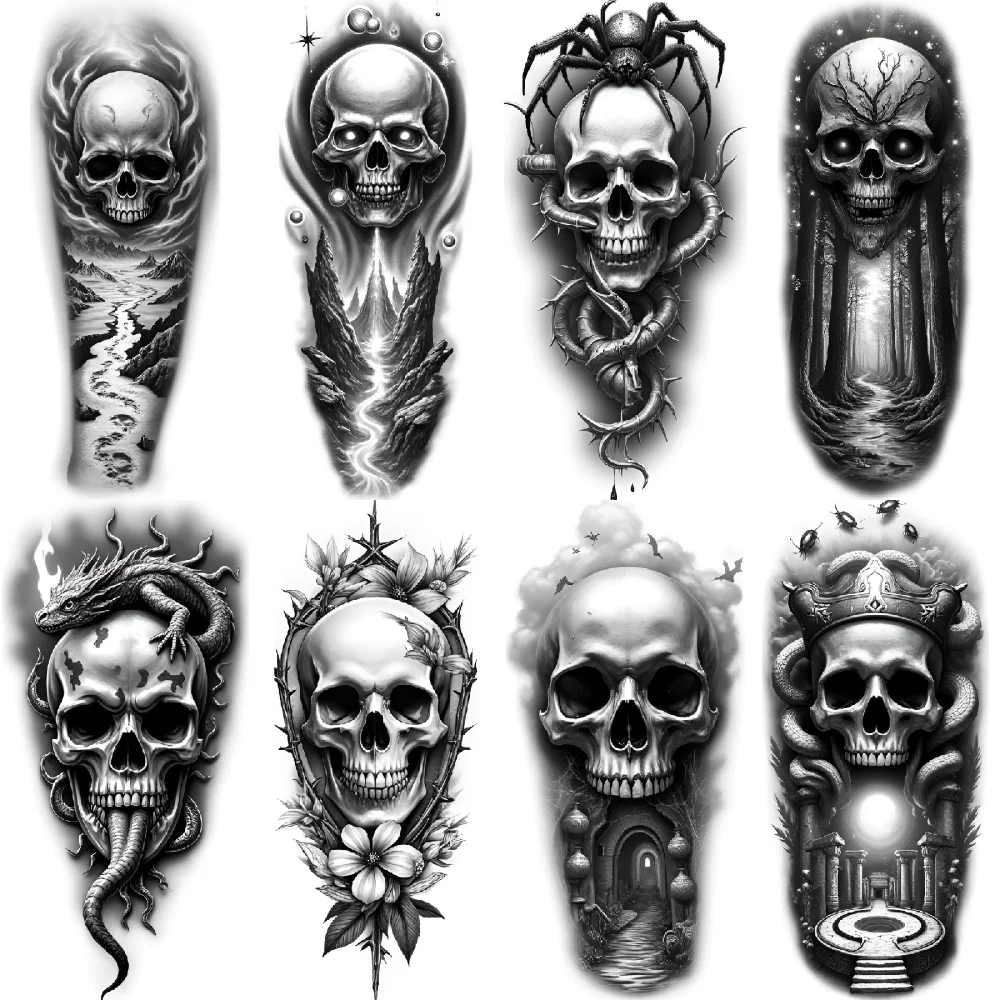 

3pcs Temporary Tattoo Skull With Spider Waterproof Long-lasting Body Stickers Skull With Landscape Skull With Flames For