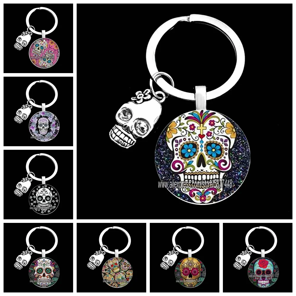 Exquisite Colorful Sugar Skull Pendent Glass Keychain Skeleton and Flower Key Ring for Unisex