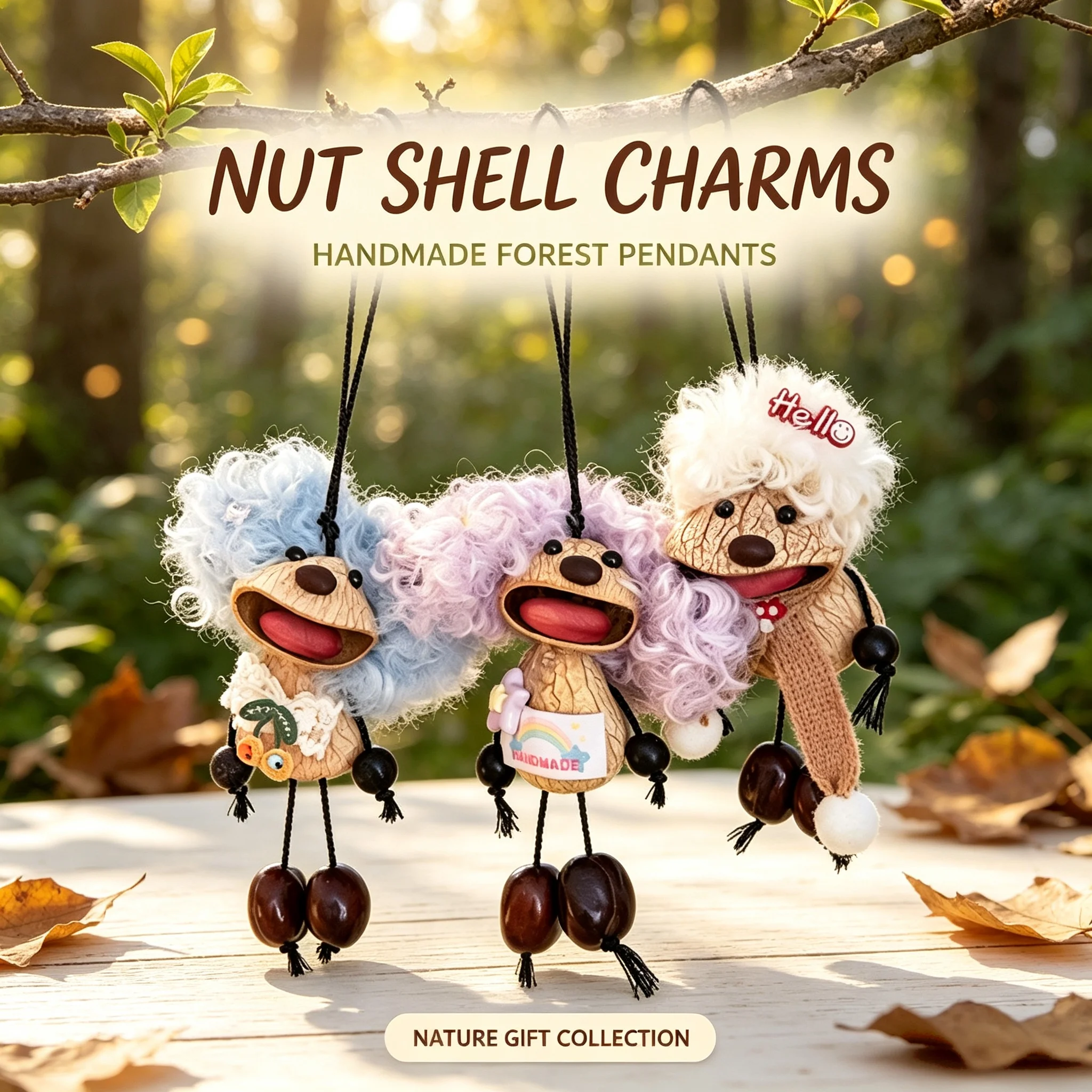 11-14cm Handmade Healing Wind Nut Shell Pendant Natural Plant Shell Ringbell Bag Pendant Forest Style Plush keychain Car Decor