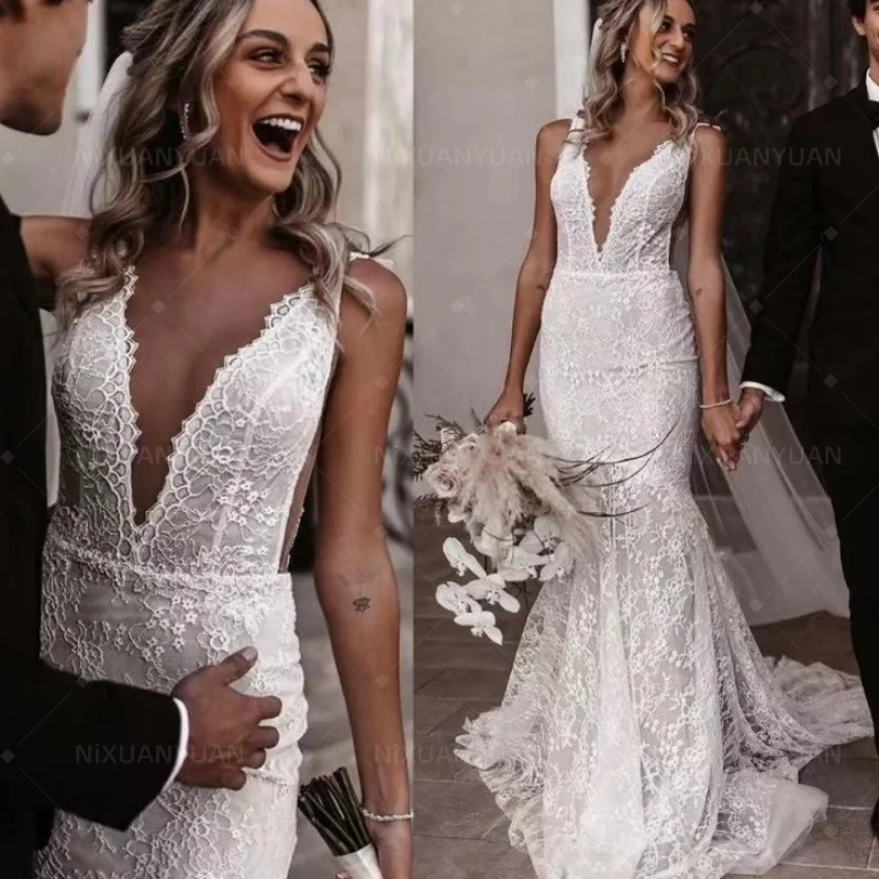 

2023 Lace Mermaid Wedding Dress Boho V Neck Open Back Bridal Gowns Chic Vestido De Noiva - Luxury Lace Wedding Dress