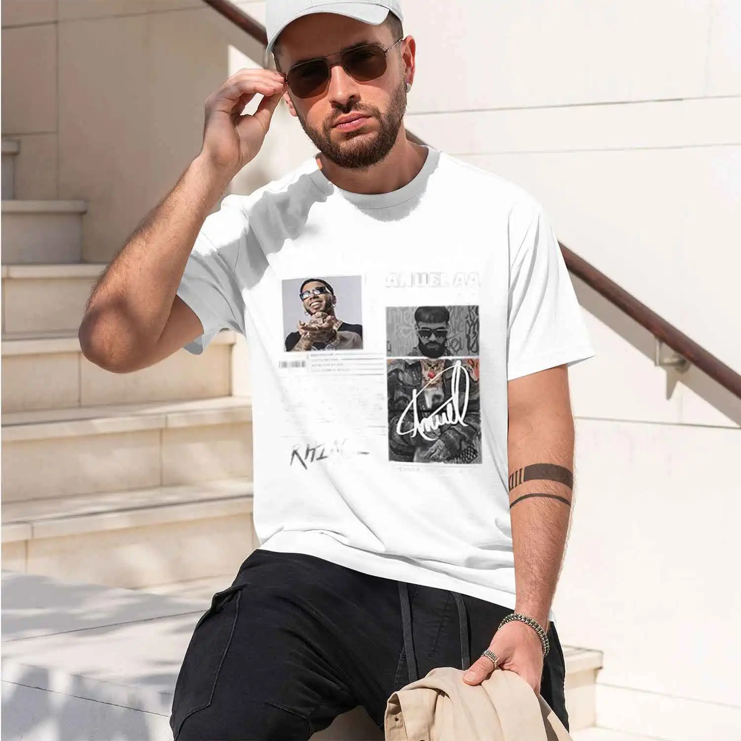 Anuel AA Portrait Collage AA Signature Rapper AA Photo Compilation Womens clothing men's crew neck t-shirt 2026 New Model Men’s