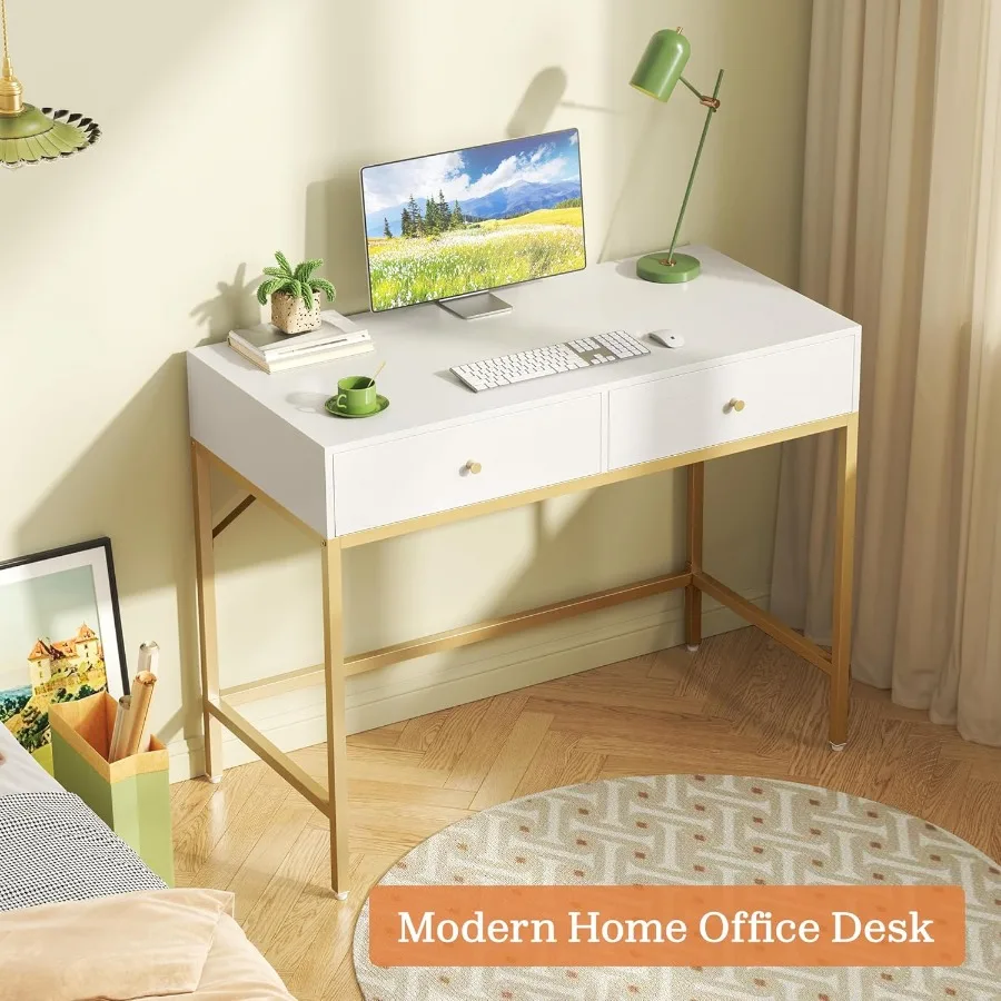 مكتب زينة حديث باللونين الأبيض والذهبي 31.5 مع درجين، طاولة مكياج مدمجة لدراسة الكتابة في المكتب المنزلي أو غرفة النوم، أنيقة #6