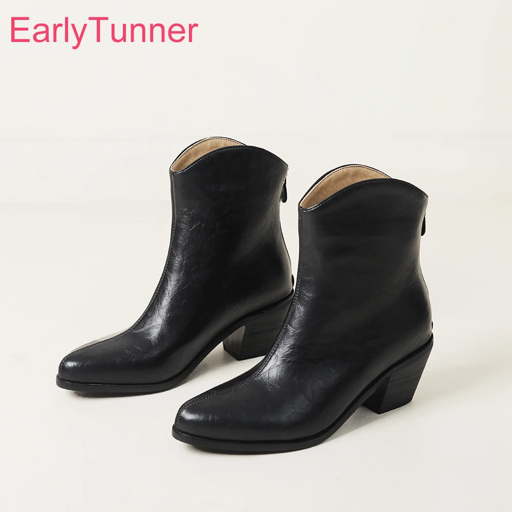 

Зимние женские ботинки до середины икры для взрослых, черные, коричневые, пикантные офисные женские туфли на высоком блочном каблуке, большие размеры 43 46 48