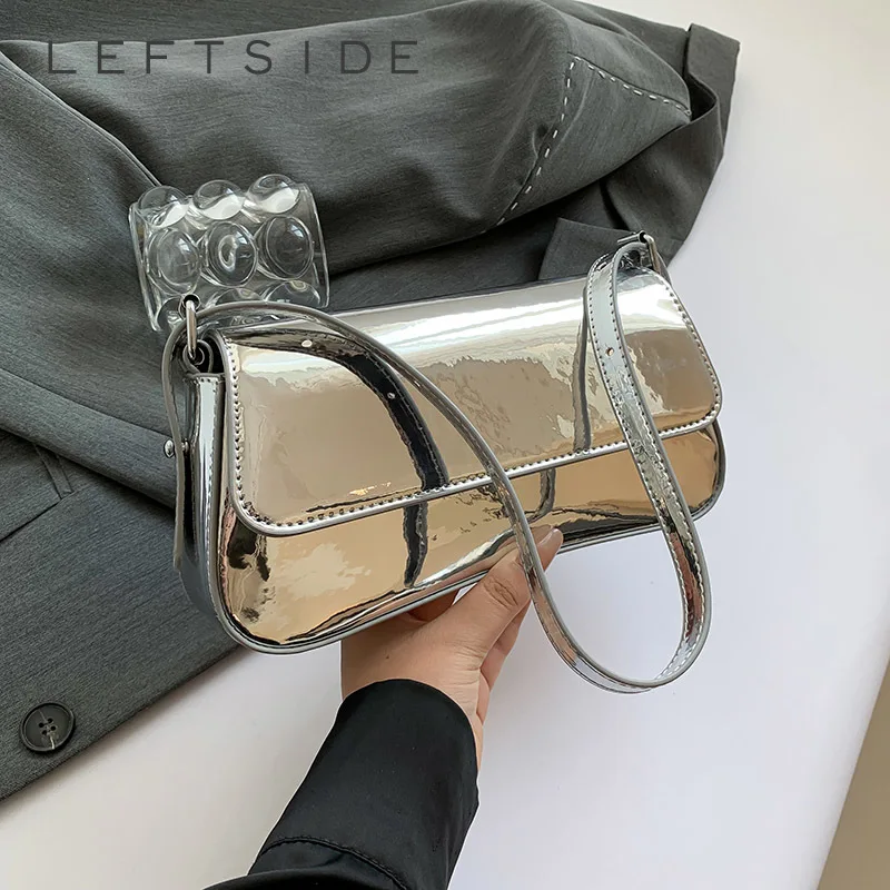 

Левая сторона, модная маленькая серебряная сумка через плечо из искусственной кожи с клапаном для женщин, новинка 2025, трендовые дизайнерские простые однотонные сумки