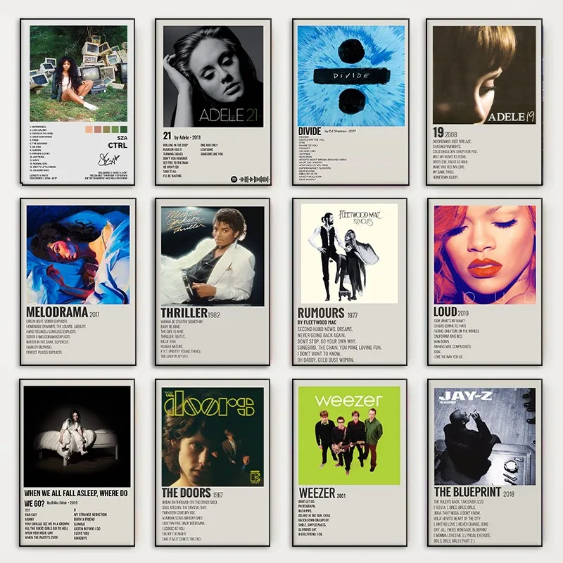 Vintage Classic Music Album Cover Collection Poster Sza Drake Adele Weezer Canvas Painting Wall Art for Bedroom Home Decor Gift
