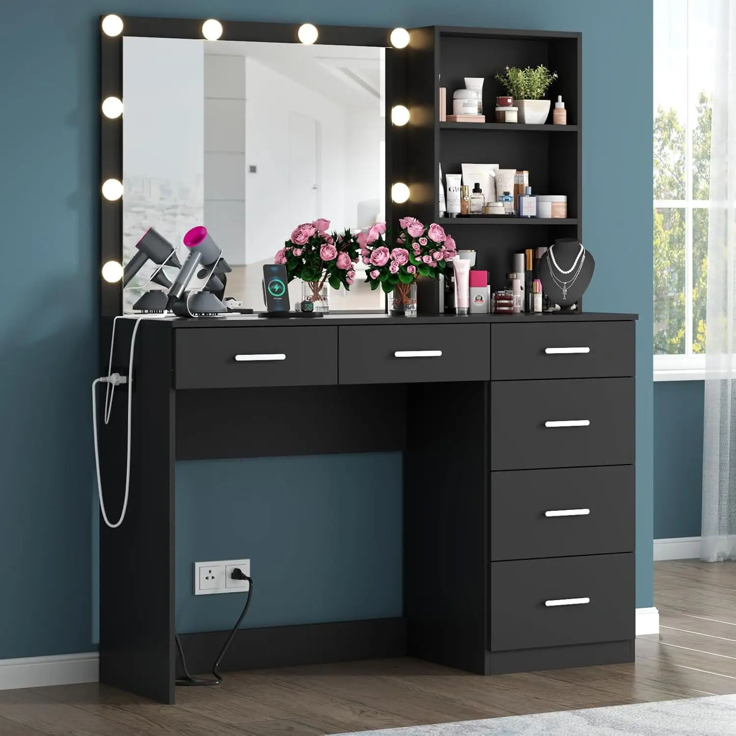 39 Inches Black Vanity Desk with Lights, 6-Drawers Makeup Vanity Table with Power Strip and Storage Shelves, Dressing Table