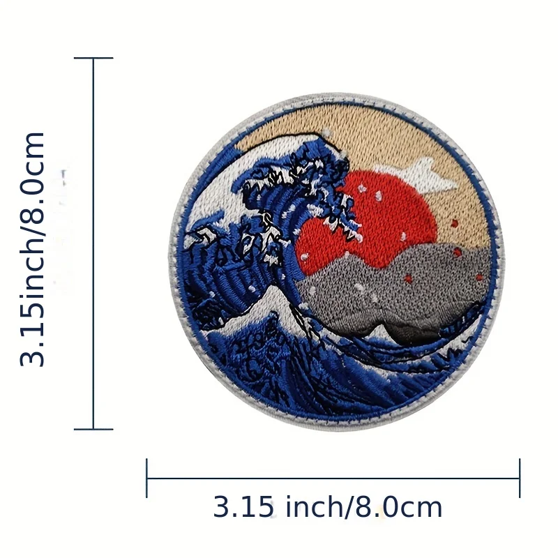 Vintage Ukiyo-e Embroidered,  Wave Morale Velcros Patch Hook &Loop- Japanese Hokusai Kanagawa for Molle Tactical Gear & Clothing