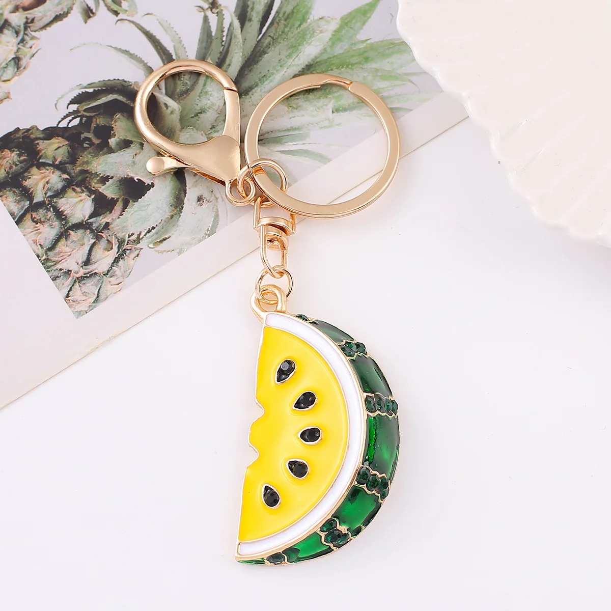 Cartoon Fruit Watermelon Key Chain Full Rhinestone Women Handbag Pendant Golden Metal Keyring Crystal Jewelry Key Accessories