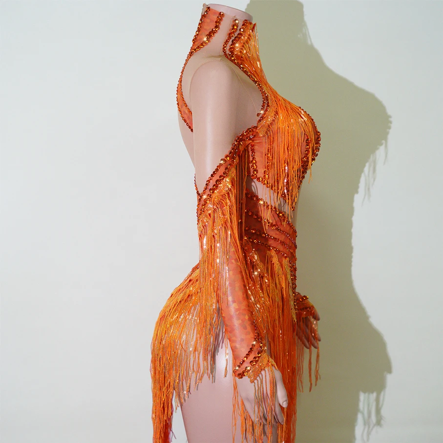 Damen Orange Fransen-Paillette – Sexy Mesh Sheer Bodycon Dress Bewertung und Preis