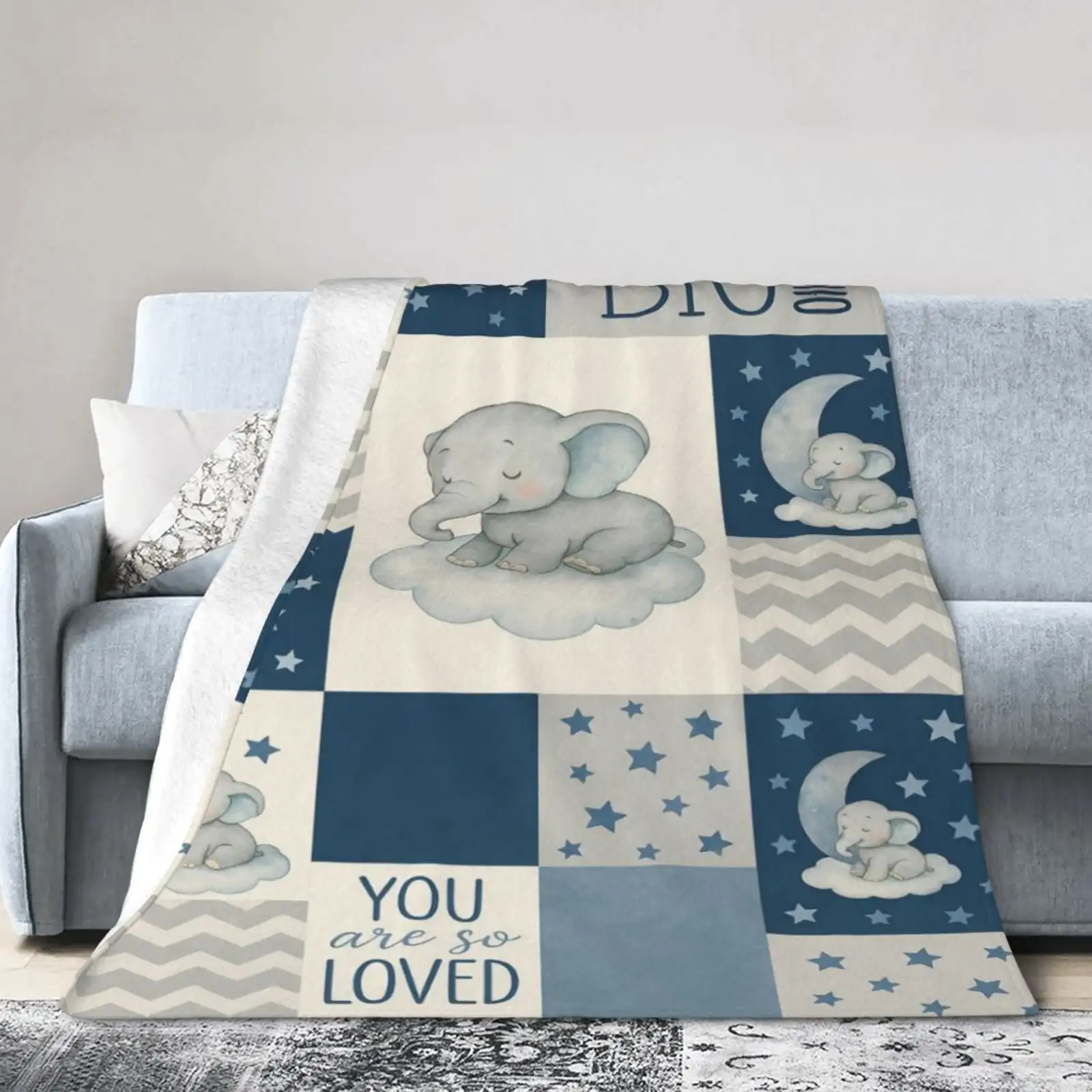 Sleeping Elephant Star Baby Blanket Boys Gift Navy Blue, Dream Big Little One You Are So Loved Patchwork Flannel Fleece