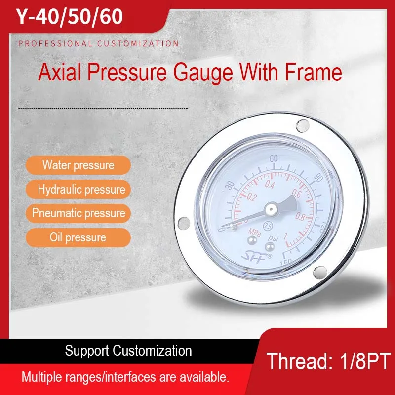 Axial Pressure Gauge With Frame Glass Face Y40/50/60 0-2.5MPa 1/8PT Thread Water/hydraulic/pneumatic/oil Pressure Gauge