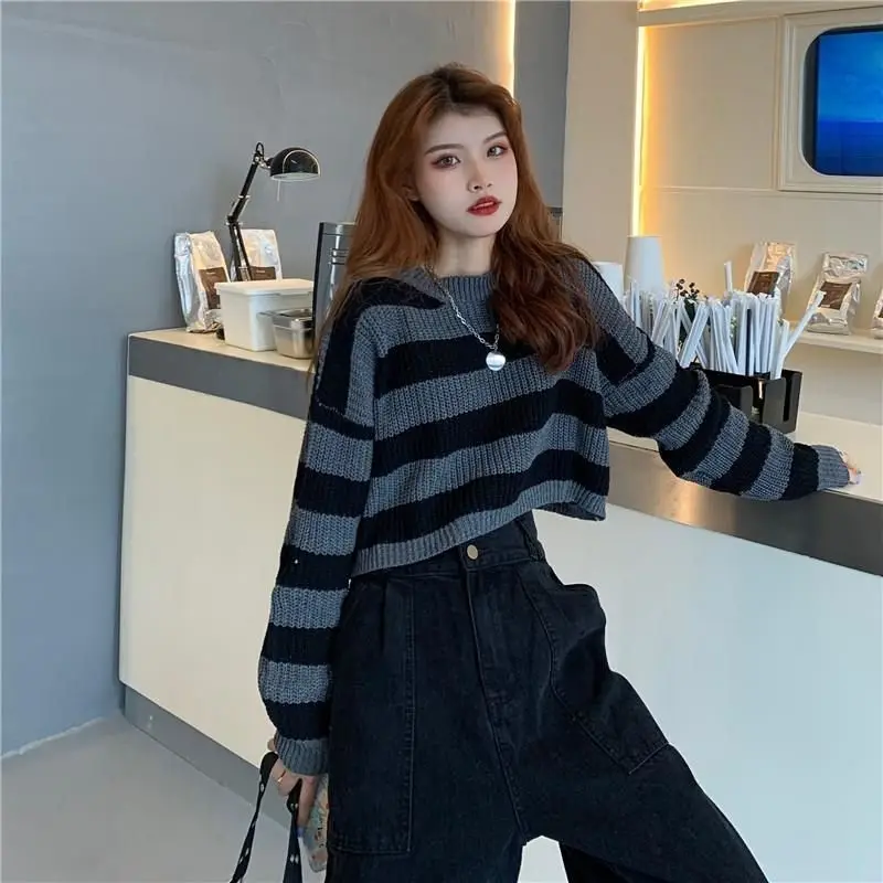 ZMZBCH Korean Style Autumn Striped Cropped Sweater Women Vintage Oversize Knit Jumper Female  Long Sleeve O-neck Pullovers Tops