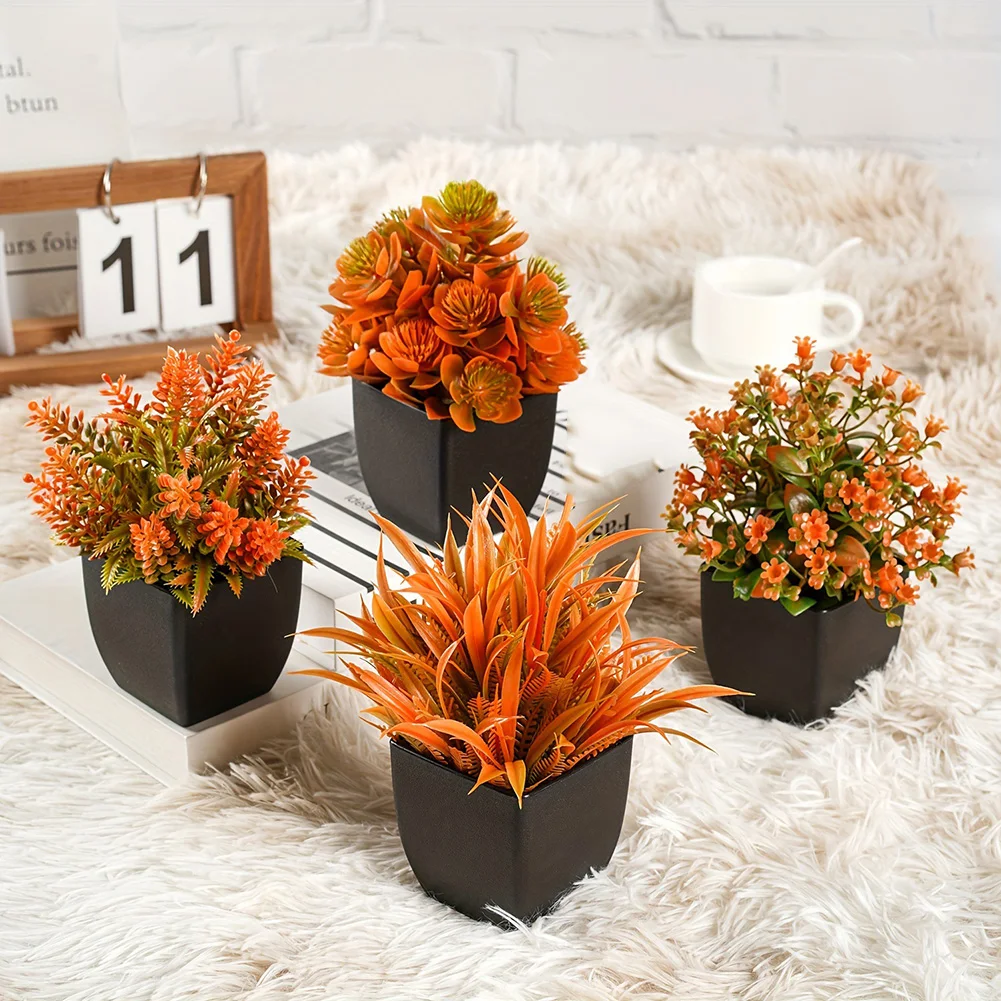 

Набор искусственных осенних растений из 4 маленьких искусственных растений для офиса и дома, сезонное украшение, улучшающее осеннюю эстетику