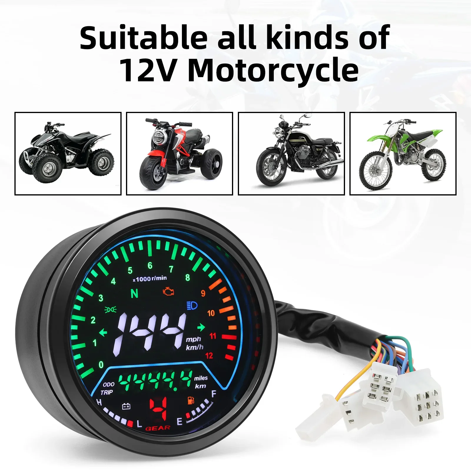 Motor Odometer Speedometer Motorcycle Instrument 0~12000R/Min Tachometer with Gear Oil Level Voltage Alarm High Beam Light 12V