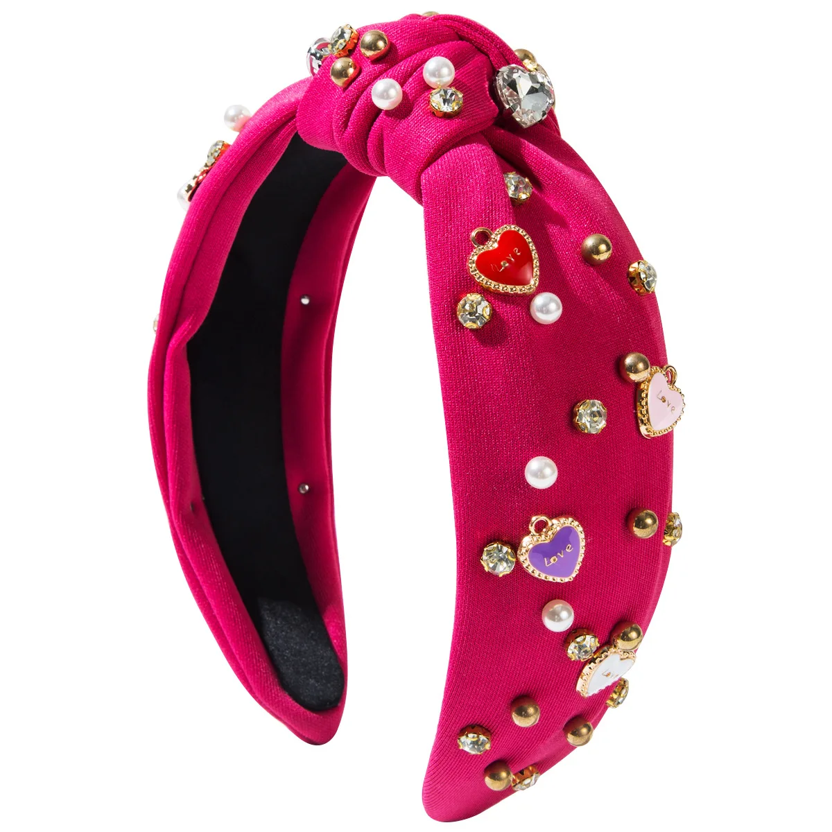 New Women Knotted Headband Heart Enamel Charm Pearl Rhinestone Decor Wide Fabric Hair Hoop Valentine Party Hair Accessories view 5