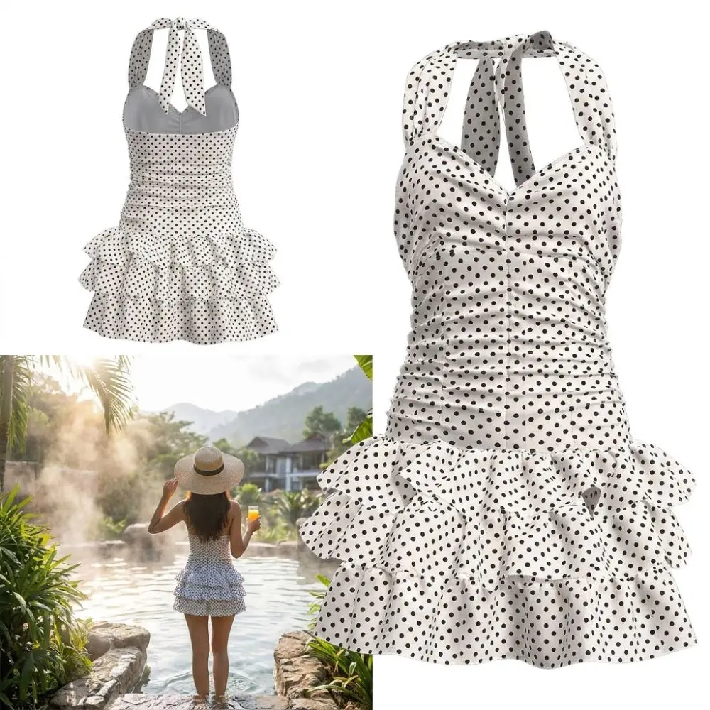 Ruffle Skirt Polka Dot One-Piece Swimsuit Bandage Style Slimming Tummy Control Bathing Suit Ruffled Hem Backless Design Swimwear