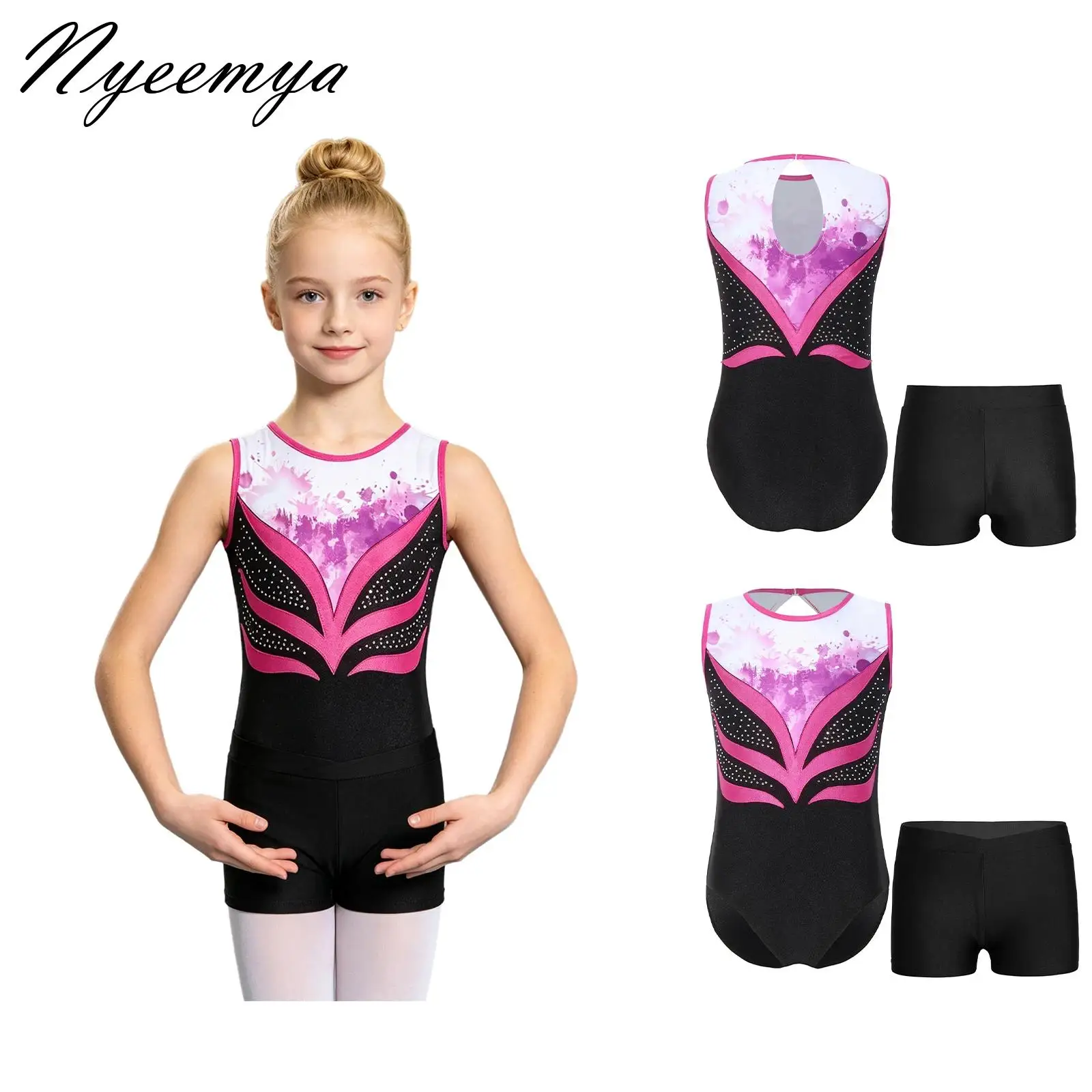 

Teen Girls Sleeveless Ballet Dance Outfit Shiny Rhinestone Gymnastics Leotard and Shorts Set for Yoga Unitard Jumpsuit Outfits