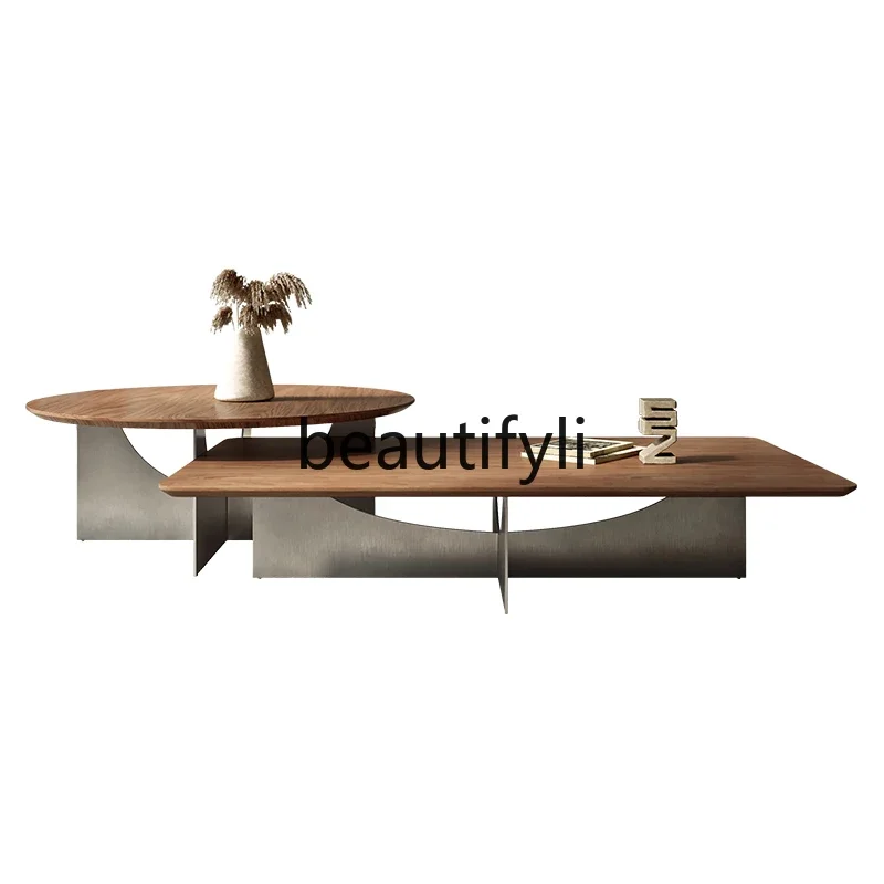 

Wabi sandy wind walnut leather coffee table combination stainless steel base tea table