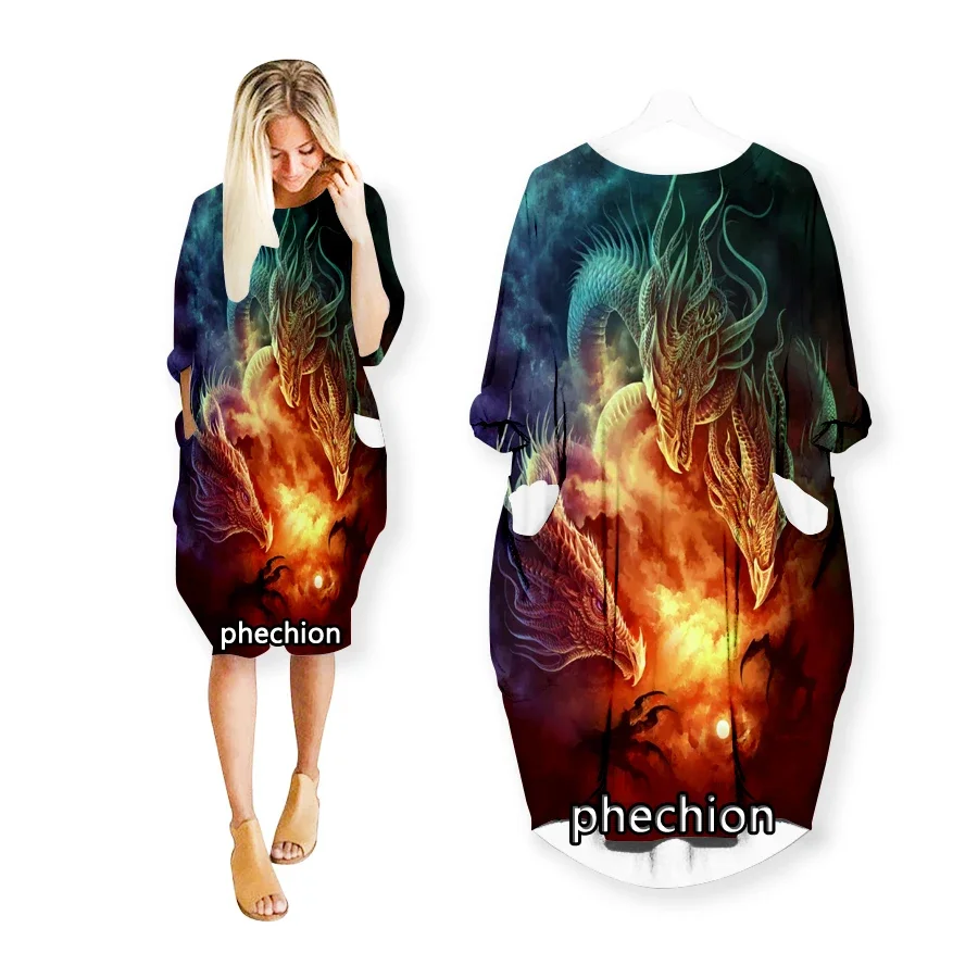 

phechion New Dragon Art 3D Print Fashion Dresses Casual Mid-length Dress Women Clothing Pocket Long Sleeve Tops R93