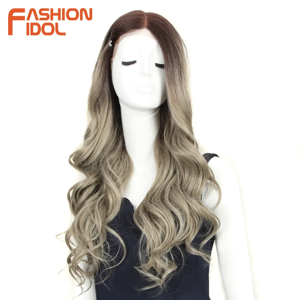 

FASHION IDOL 30 Inch Deep Wave Baby Hair Synthetic Lace Front Wig Cosplay Ombre Brown Weater Wave Synthetic Wigs For Black Women