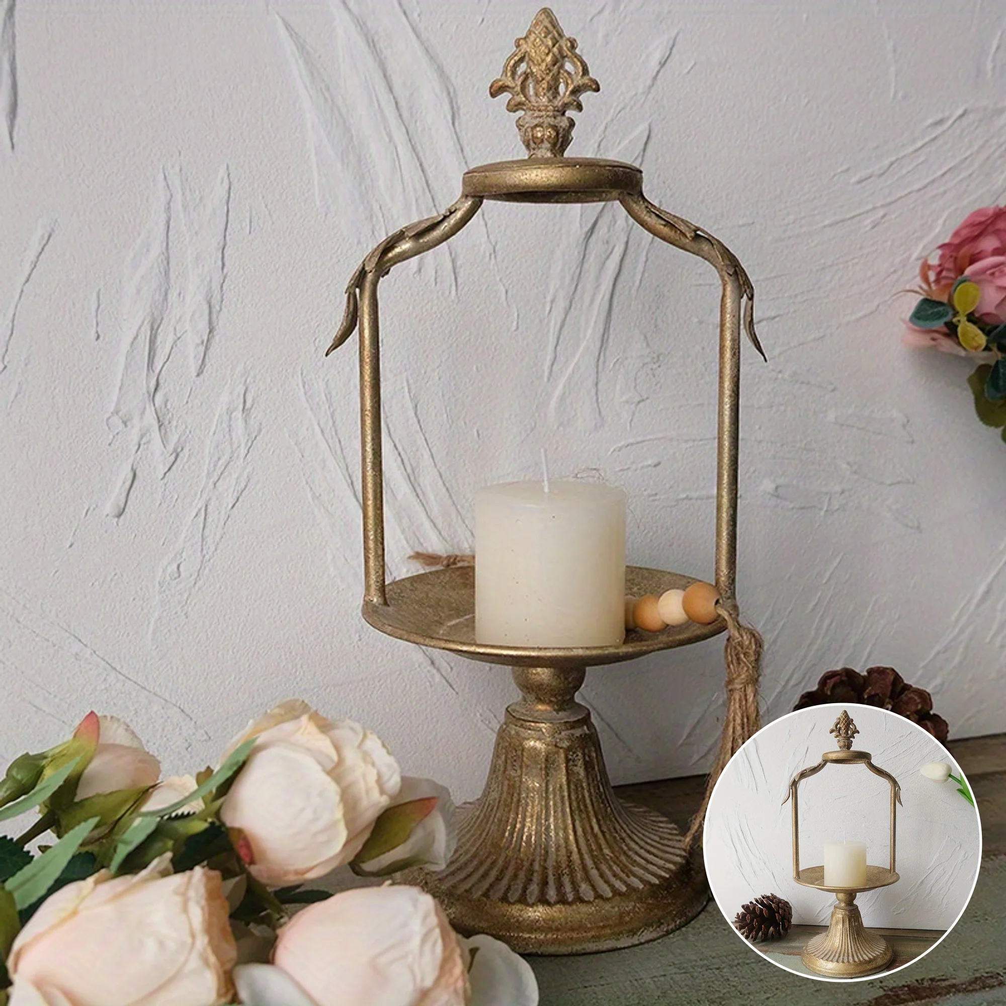 European Style Metal Candle Holder with Tray Elegant Tabletop Decor for Weddings, Golden Ornate Candle Holder Decor