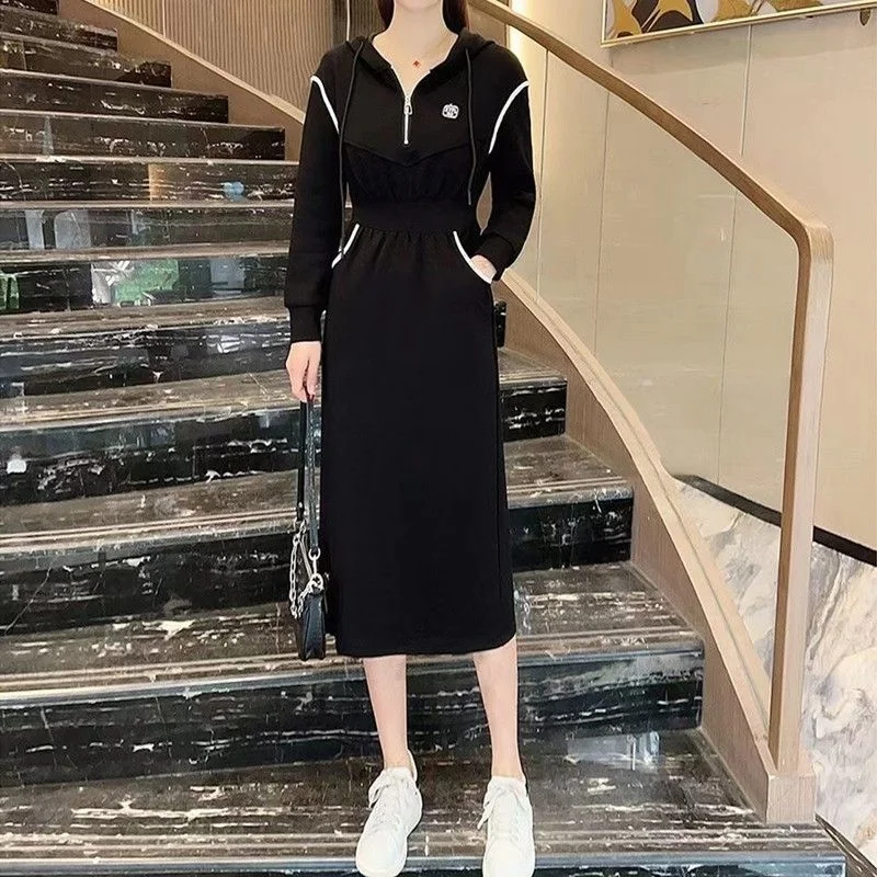 Women's Casual Dress 2023 Spring Summer New Fashion Hooded Drawstring A-line Skirt With Waist Wrap Show Slim Mid Length Dresses