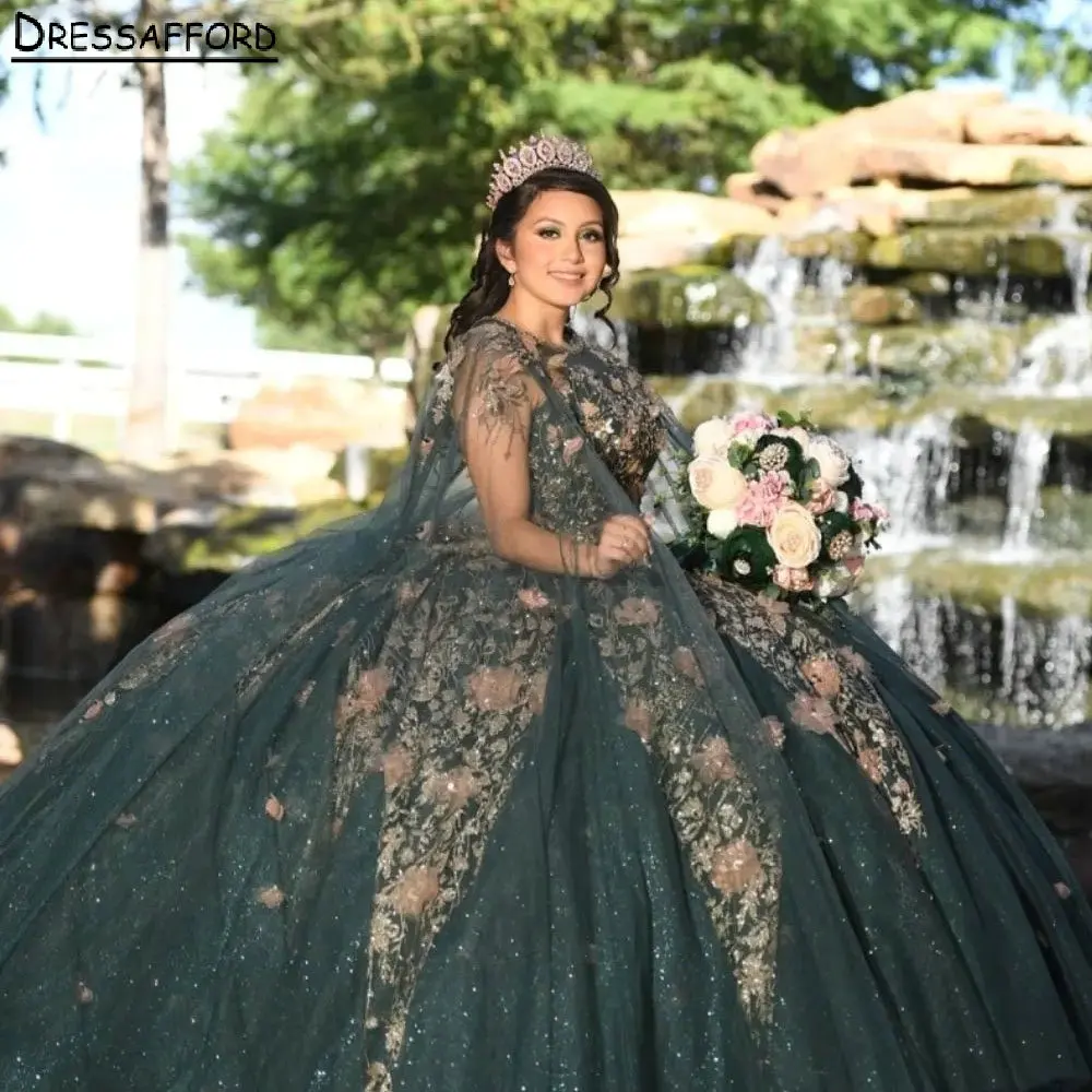 

Черновато-зеленый корсет с 3D цветами, платье Quinceanera с накидкой, бальное платье с золотыми кристаллами и аппликациями, выпускное 7-е платье Vestido De XV Anos
