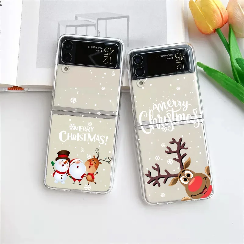 Christmas Reindeer Santa Snowman Phone Case for Samsung Galaxy Z Flip 6 ZFlip 5 Clear Cover for Samsung ZFlip 4 3 Fundas Shells