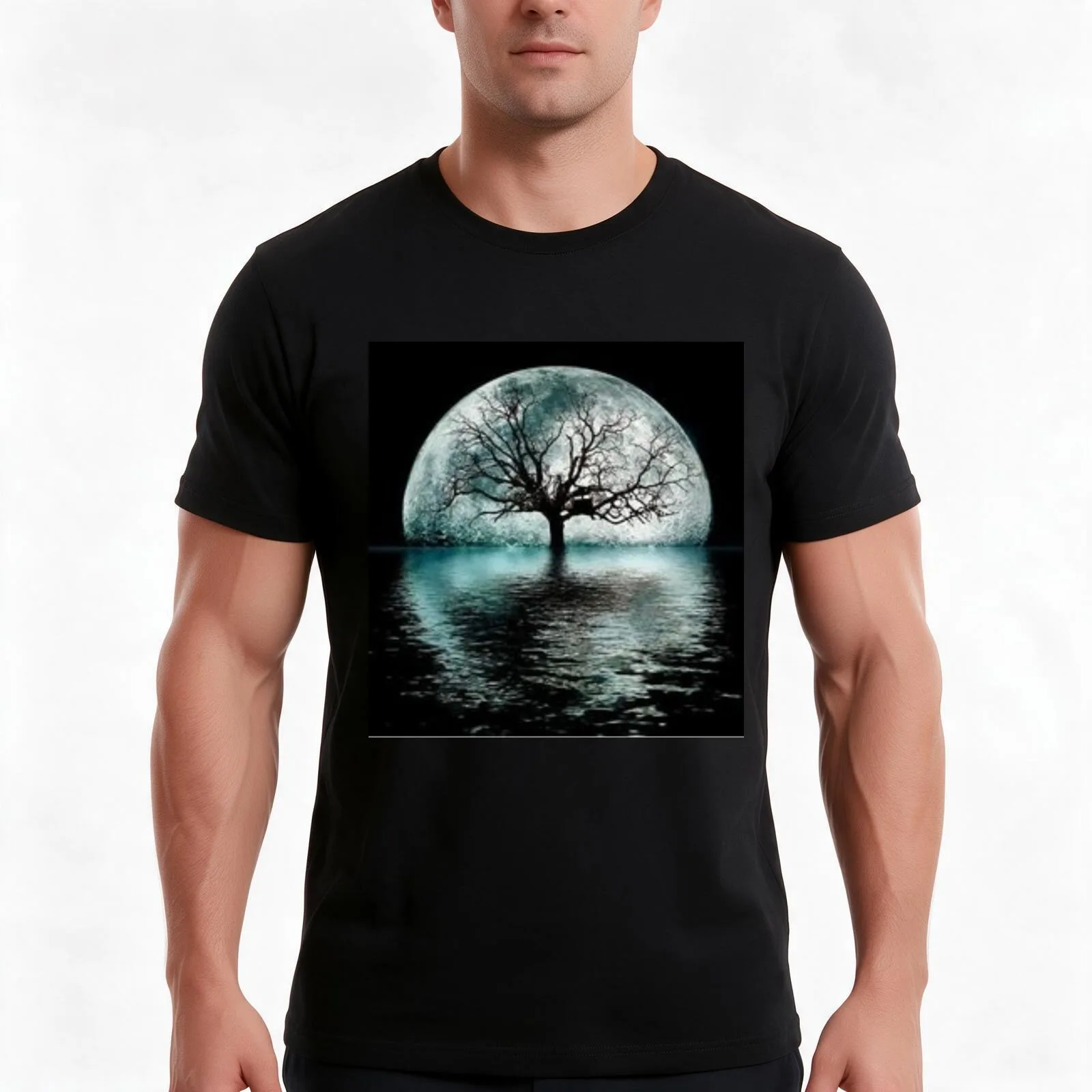 tree night romantic moons shadow T-Shirt, Summer Casual Cotton Tee, Oversized Streetwear Tops, Vintage Graphic Print
