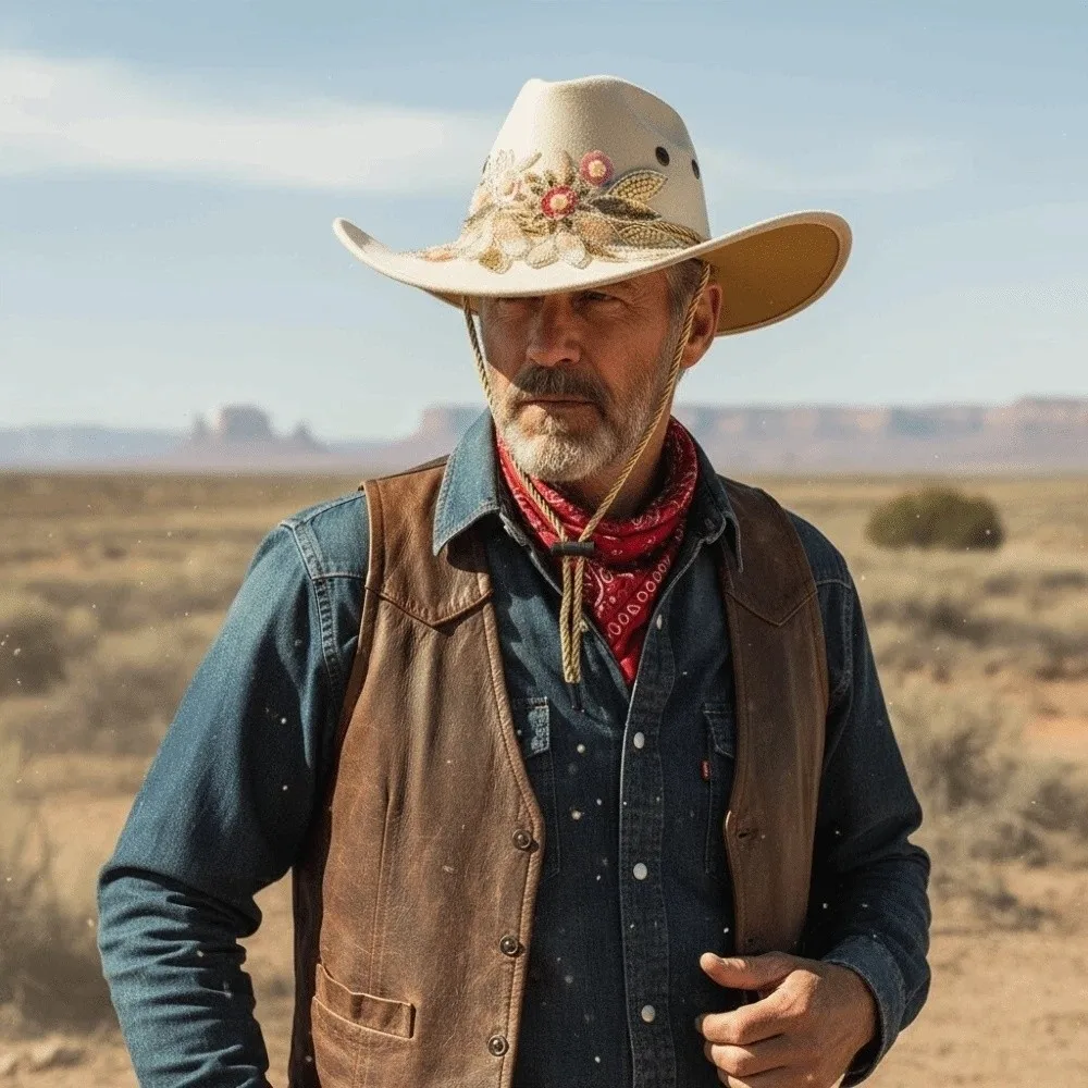 

Fashion Wide Brim Western Cowboy Cap Woolen Sequins Sun Protection Knight Hat Breathable Embroidered Tibetan Hat Dance Party